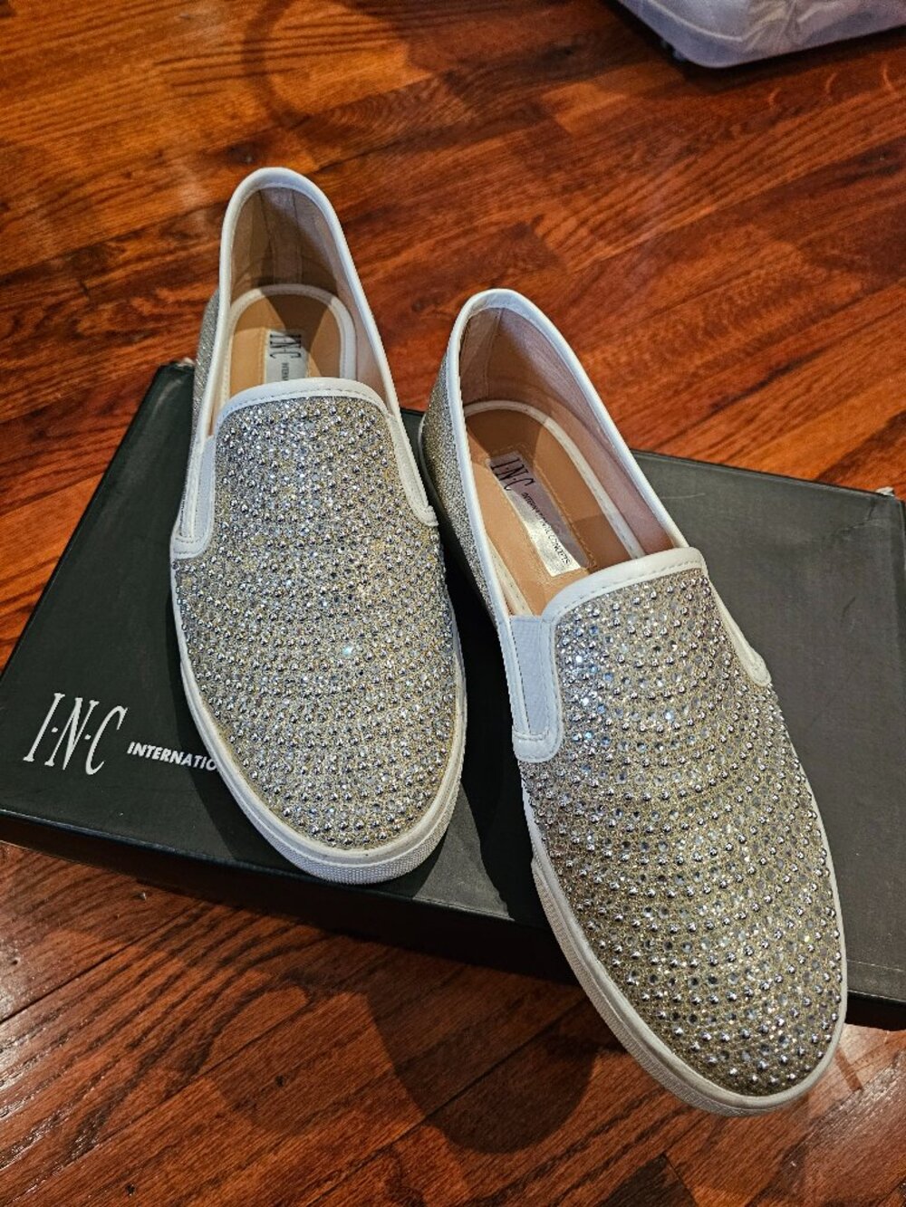 INC International Concepts Champagne/Silver Crystal Slip-On Sneakers - 6.5M